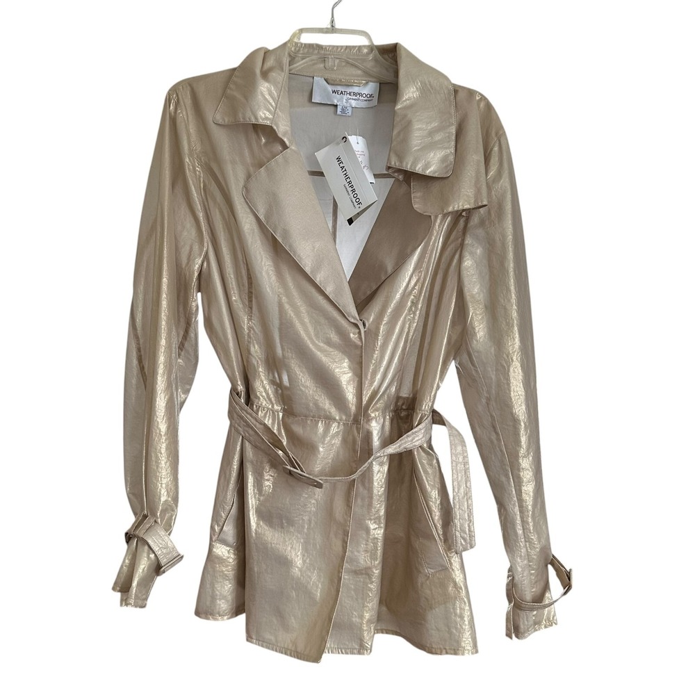 Weatherproof Lightweight Trench Coat Size L Gold Metallic Belted‎ Snaps New NWT